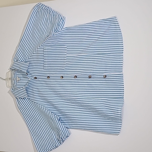 CATO Women's Blue & White Striped Button Up Blouse Puff Sleeves - Size Large NWT - Picture 1 of 13